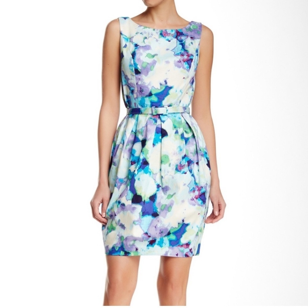 Eliza J Blue and Purple Watercolor Belted Tulip Hem Dress Size 4